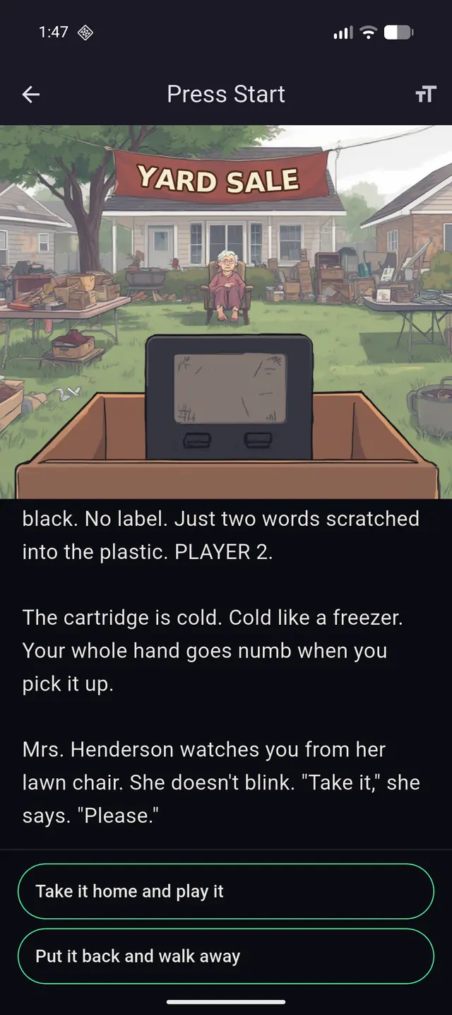 A story page with an illustrated scene and two choice buttons