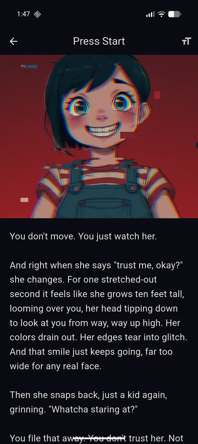 A spooky glitching cartoon character filling the screen